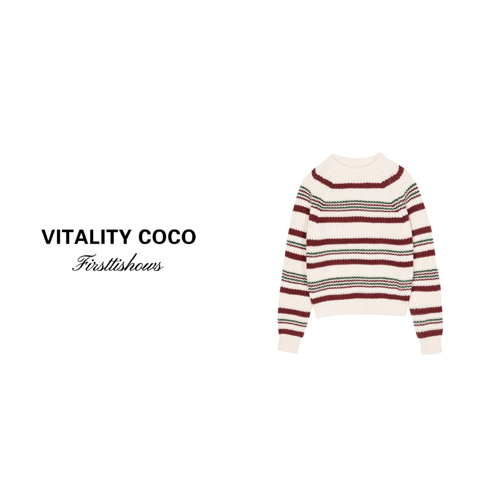 「VITALITY COCO」撞色条纹毛衣拼色条纹圆领休闲针织套头上衣941