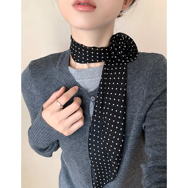 长条波点丝巾花朵鸭嘴夹女百搭玫瑰花围脖飘带配饰高级感气质发饰