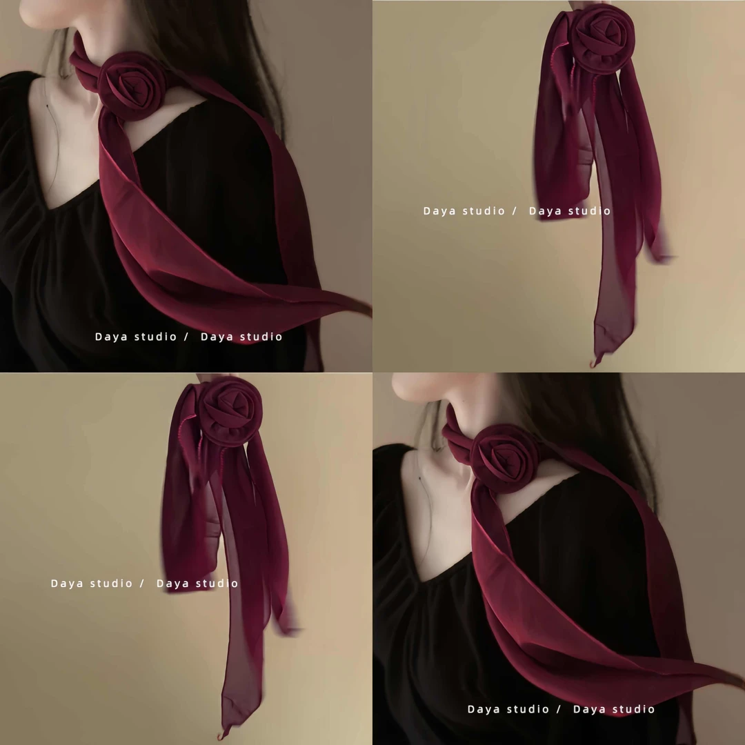 安可拉红玫瑰花丝巾多功能飘带氛围感法式复古高级感小众气质发带