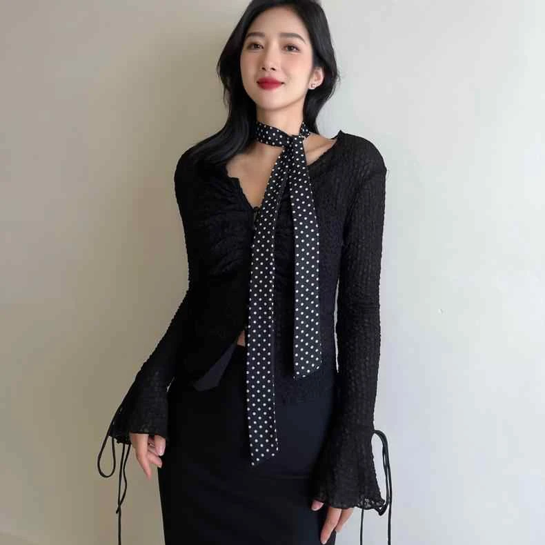 简约百搭波点细长条丝巾韩版扎马尾衬衫装饰领巾春秋新款女士腰带