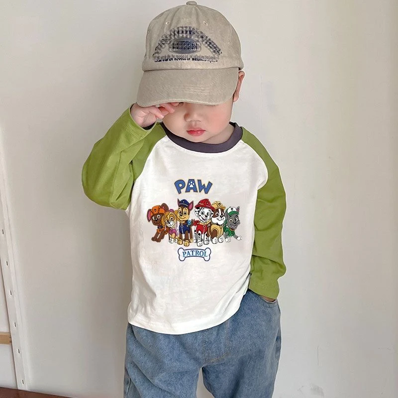 儿童长袖T恤2023秋新款男女童韩版卡通可爱拼色插肩袖打底衫圆领T