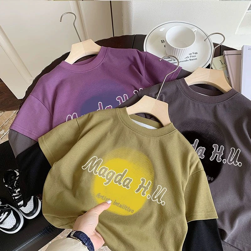 纯棉男童t恤长袖假两件2024新款儿童春秋小童上衣宝宝打底衫秋装