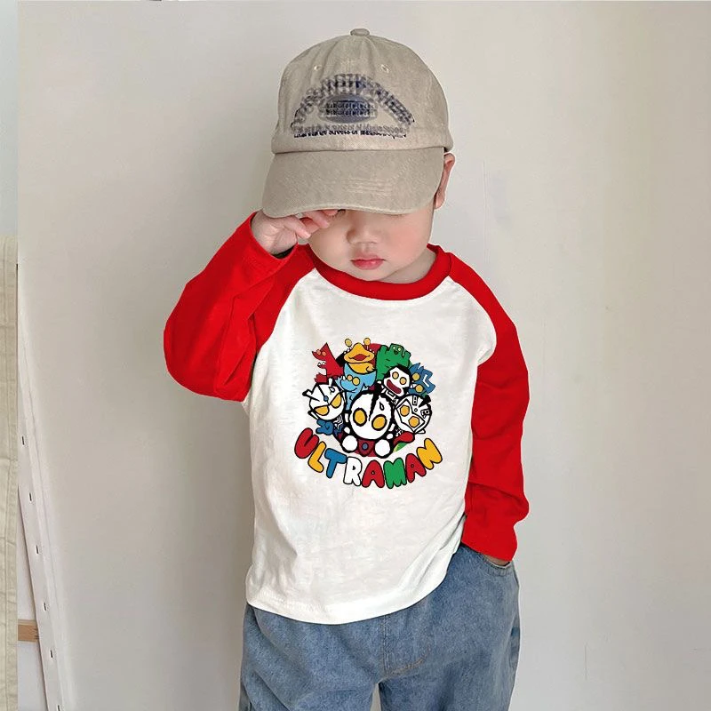 儿童衣服纯棉长袖T恤春秋装新款奥特曼男女童卡通插肩上衣打底衫
