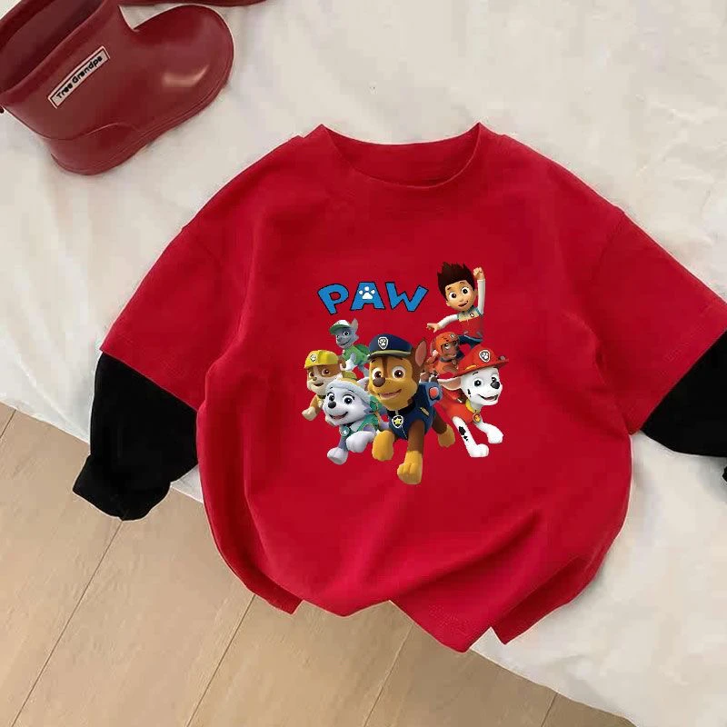 儿童纯棉新款男女童长袖T恤假两件中小童卡通印花洋气休闲上衣潮