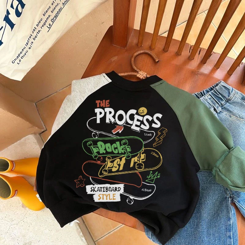 男童卫衣春秋2023新款儿童撞色卡通长袖T恤潮童小童春装上衣洋气