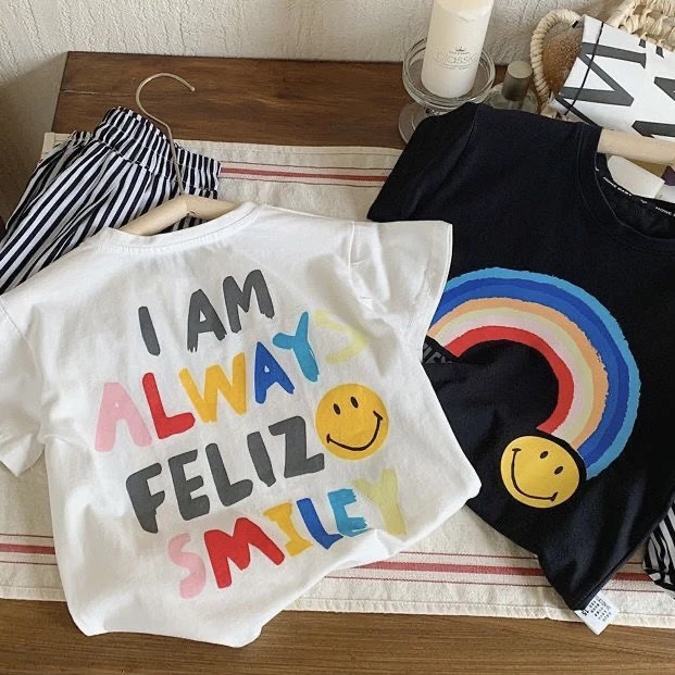 纯棉女童夏装薄款网红中大小童t恤彩虹笑脸百搭休闲圆领短袖t潮款