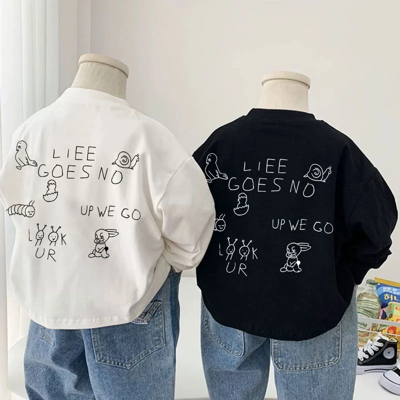 儿童T恤纯棉宽松春秋款潮洋气长袖字母白色打底衫宝宝男童上衣男