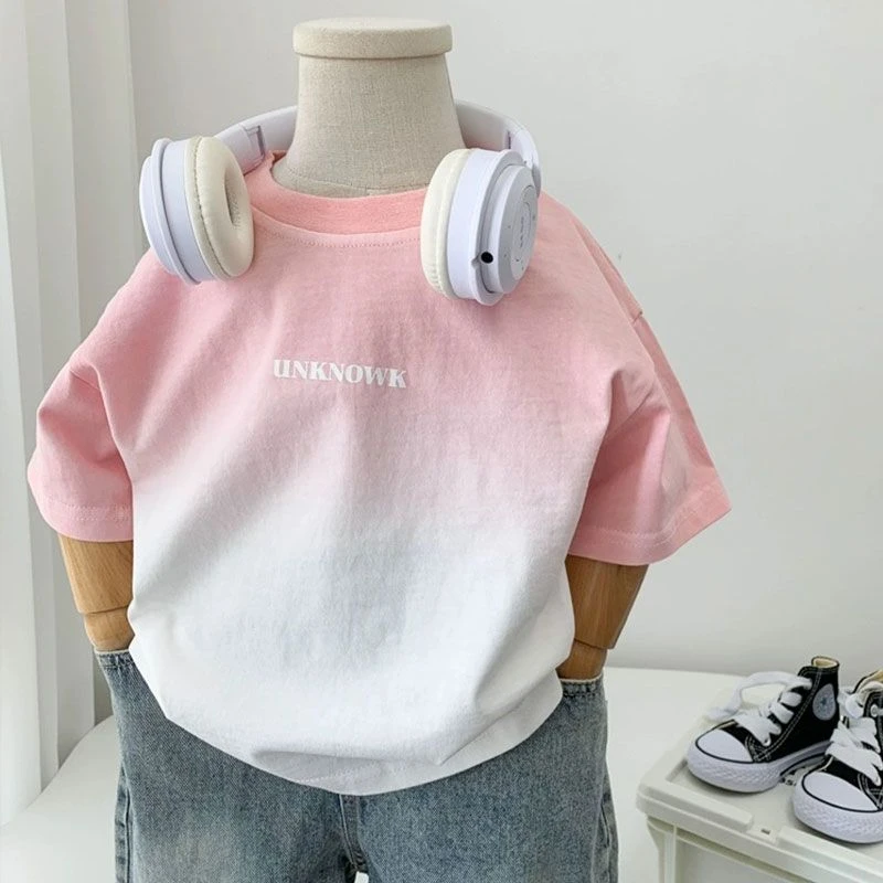 男童夏季薄款T恤2024新款洋气中小童粉色渐变短袖儿童韩版百搭潮T