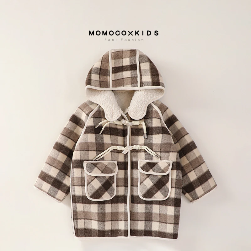 MOMOCO冬季中小童连帽格子呢大衣男童洋气中长款加厚76430126202