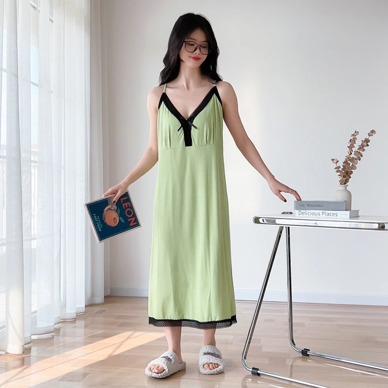 带胸垫性感大码加长吊带睡裙女士200斤夏季薄款莫代尔睡衣家居服