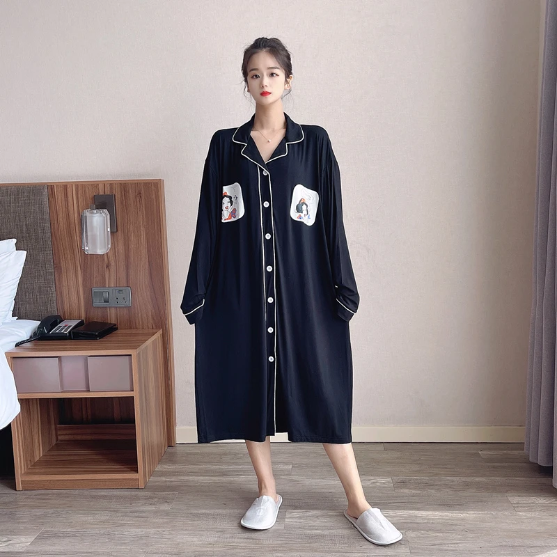 卡通大码睡裙女200斤莫代尔春秋季长袖胖mm宽松睡衣家居服可外穿