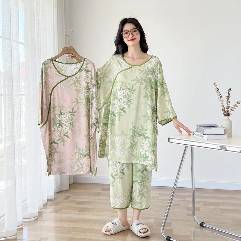 中国风优雅棉绸加大码睡衣女200斤夏季短袖七分裤胖mm家居服套装