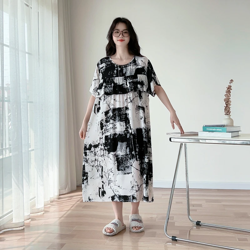 防凸点棉绸大码睡裙女士200斤夏季短袖中长款胖mm宽松睡衣家居服