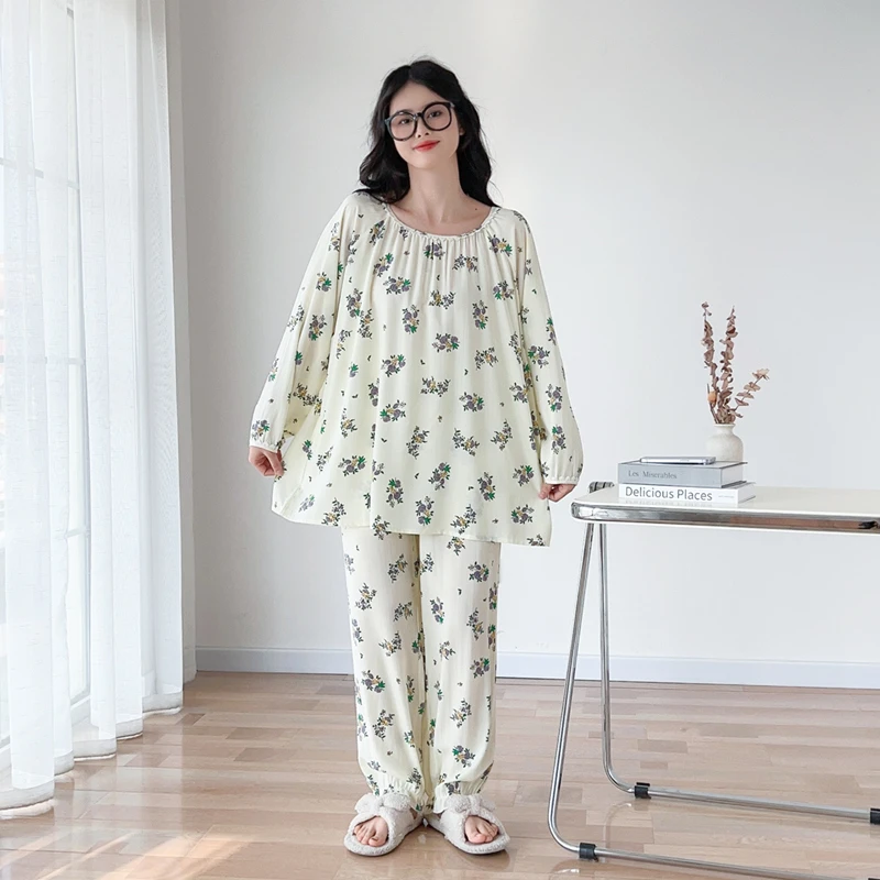 日系加大码睡衣女200斤棉绸长袖薄款春夏圆领200斤宽松家居服套装