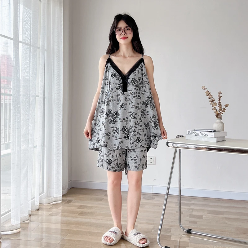 带胸垫大码吊带睡衣女胖mm200斤夏季薄款性感莫代尔棉家居服套装
