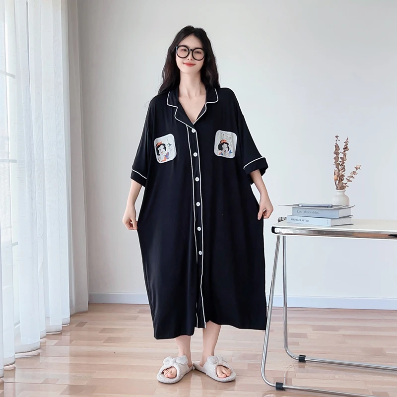 卡通开衫莫代尔中长款大码睡裙女200斤夏天短袖薄款睡衣裙家居服