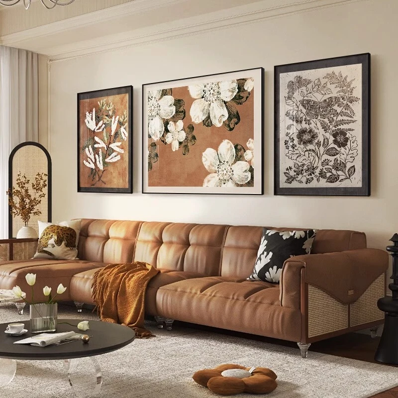 中古风客厅装饰画新房沙发背景墙壁画小众艺术油画卧室床头三联画