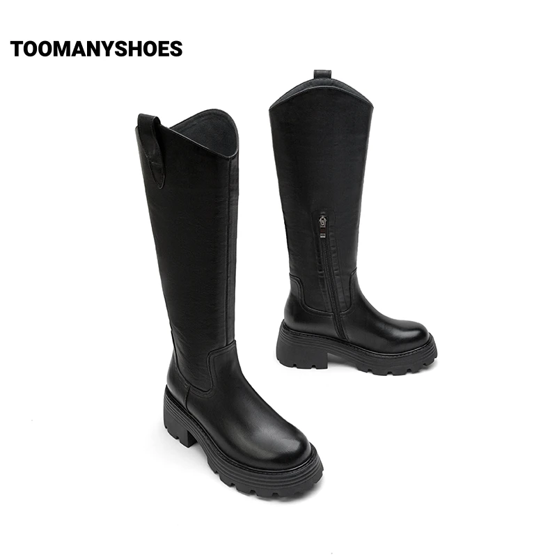 Toomanyshoes靴子秋冬公路商店粗跟厚底V口高筒骑士靴女