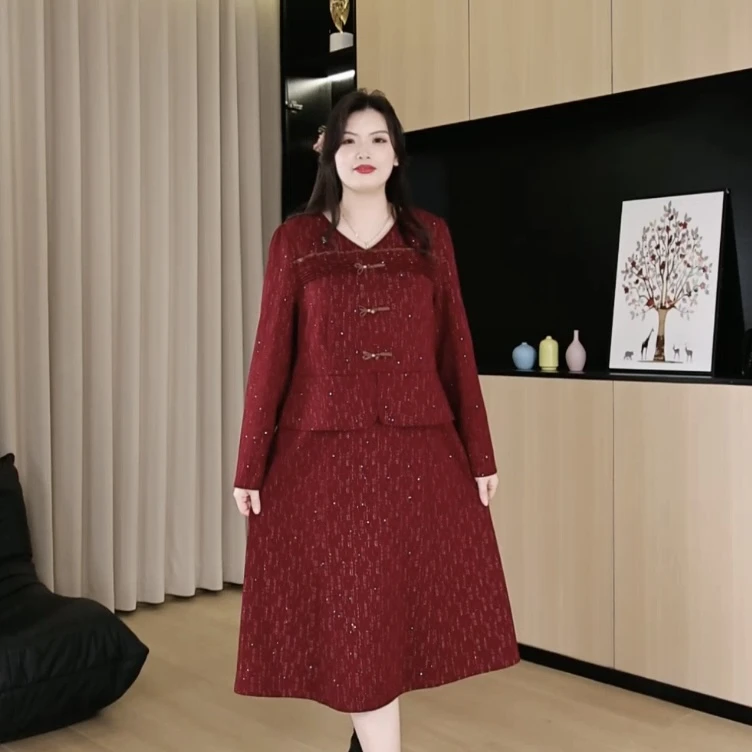 胖依依大码女装长袖宽松假两件气质连衣裙端庄优雅显瘦裙子241228