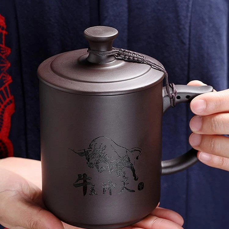 办公室泡茶杯家用紫砂杯刻字带盖个人大容量喝水杯单个带把定制款