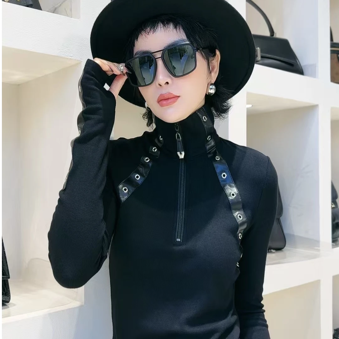 迷巧时尚新款秋冬新款加绒长袖T恤时尚百搭修身显半拉链上衣