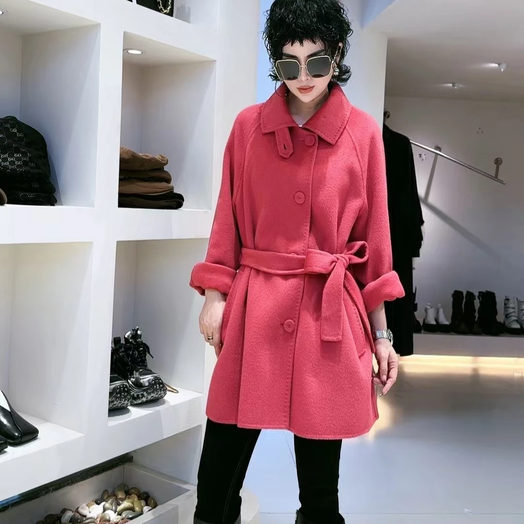 迷巧时尚新款气质网红韩版翻领收腰双面羊绒大衣毛呢外套