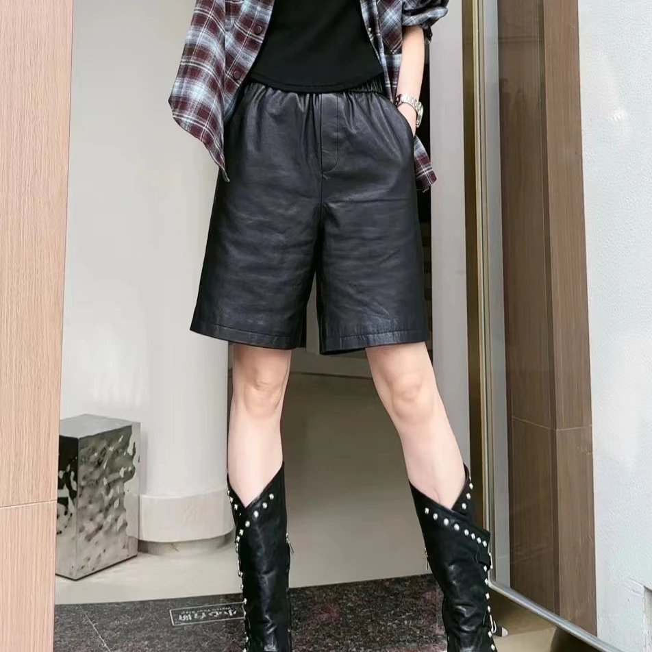 迷巧时尚新款显瘦网红百搭宽松阔腿松紧腰皮中裤