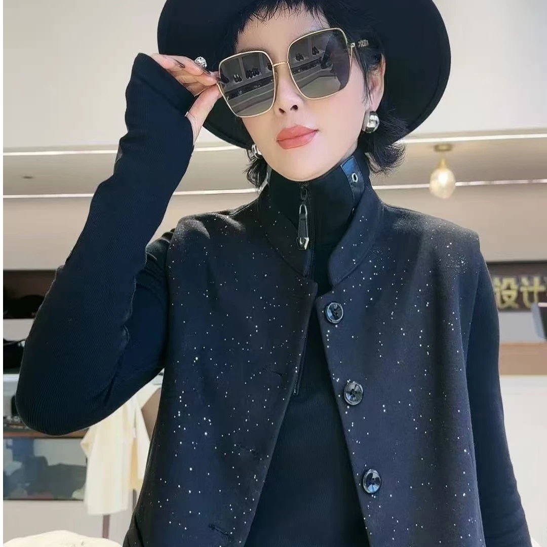 迷巧时尚新款亮片设计黑色马甲新中式国风宽短款马夹