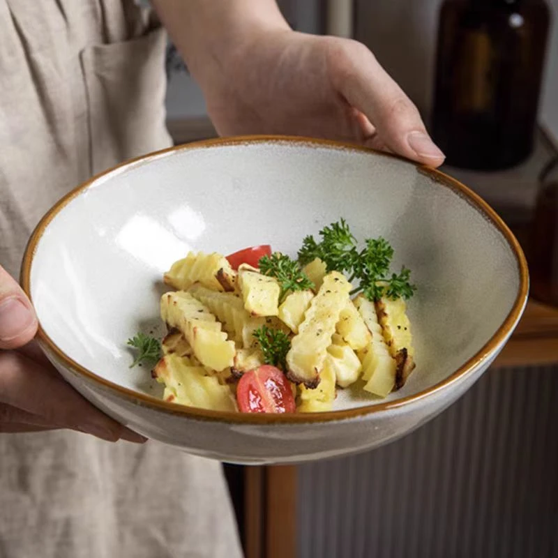 家用陶瓷面碗釉下彩7/8.5英寸斗碗复古雪花白中式高级菜碗深盘220