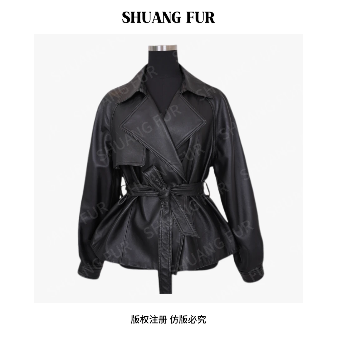 巴宝家真皮羊皮时尚气质显瘦收腰翻领网红百搭黑色真皮皮衣3201