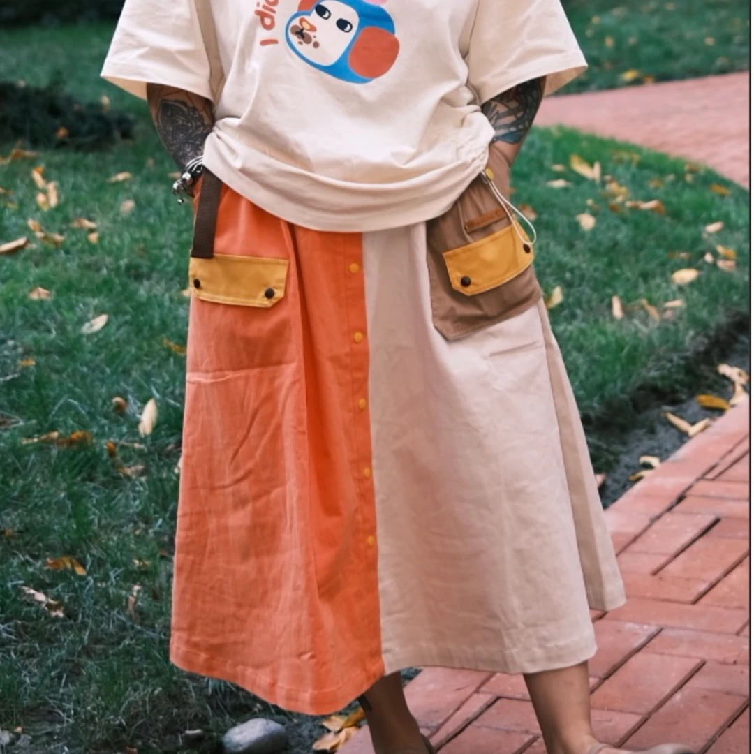 原创秋冬百搭甜美抽褶A字双色拼拼裙休闲宽松S13