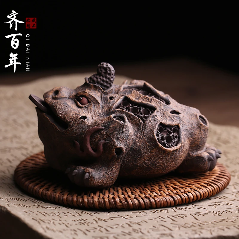宜兴紫砂茶宠摆件树皮三足金蟾招财名家纯全手工精品可养茶玩茶具