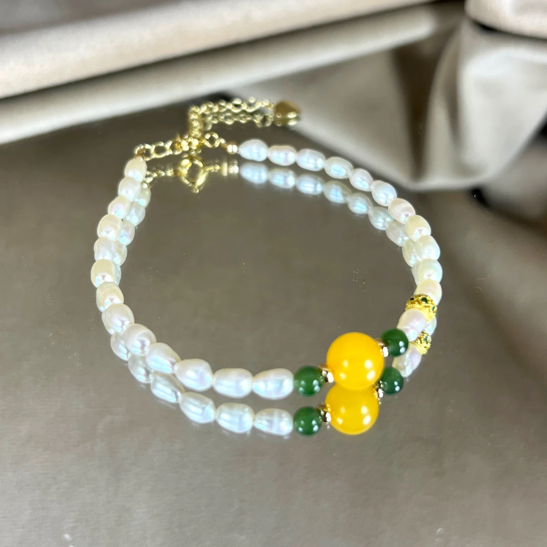 【珍岛】DM0147淡水珍珠蜜蜡和田玉手链多样性发一