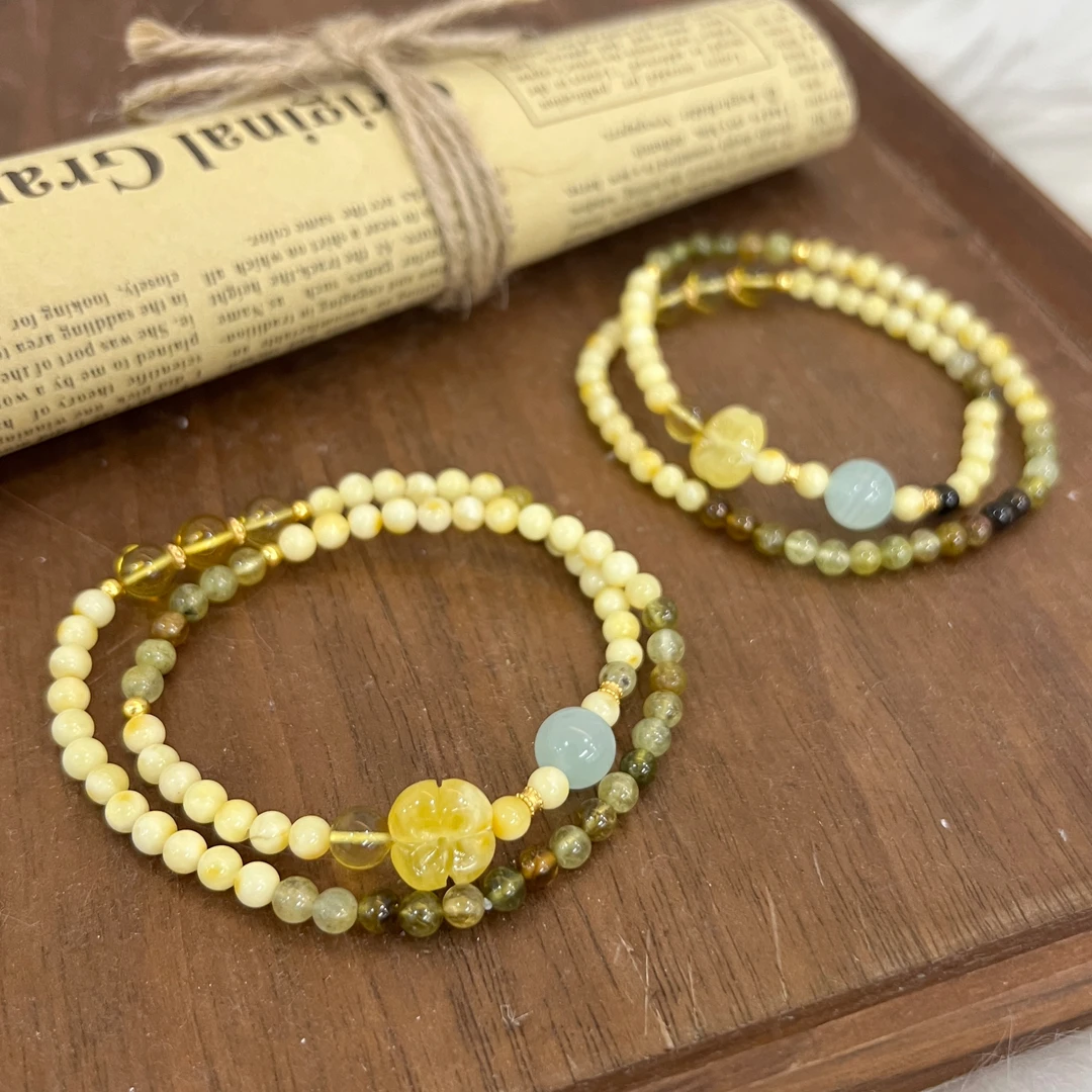 【桂花茶】DM0910蜜蜡蓝珀绿石榴925银手链手串多样性发一