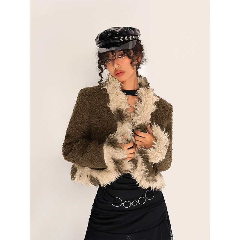 奶酷墨莉【无序黄昏】现货美拉德复古拼接毛毛短外套辣妹W23Q444-ML