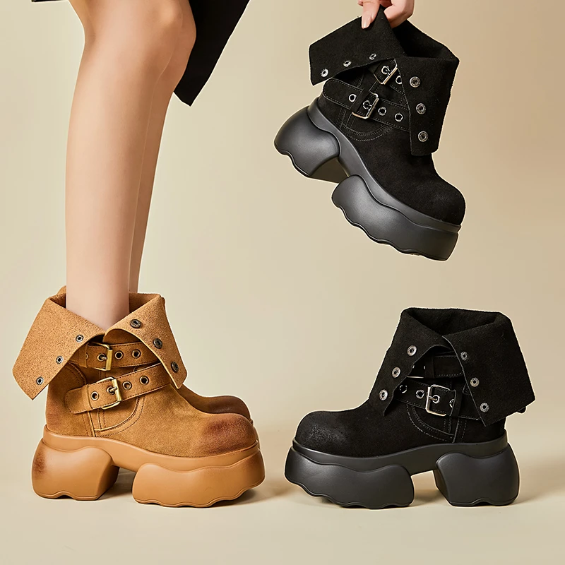 【9.5公分】马丁靴女2024秋季新款复古中筒靴内增高大黄靴踢不烂
