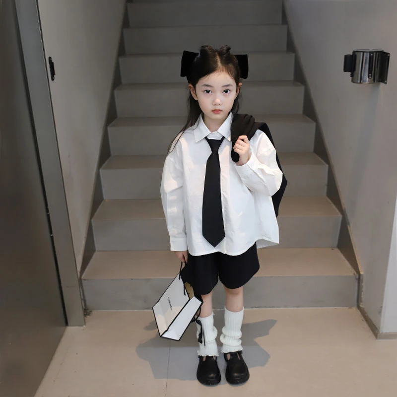 女童白衬衫2023秋新款韩版中大童洋气翻领长袖高级学院风JK服0336