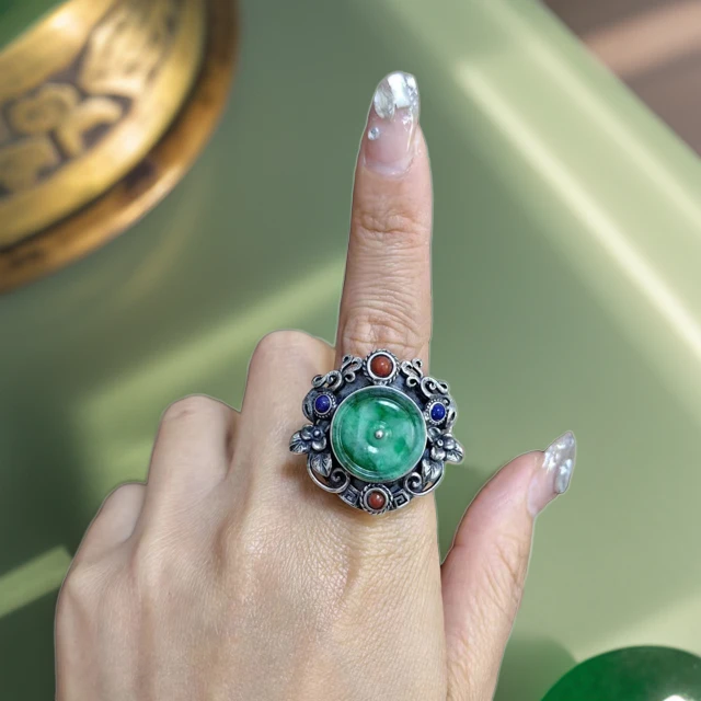 LYliuyng冰底阳绿翡翠银戒指手工银镶平安扣戒指复古古风玉石戒指