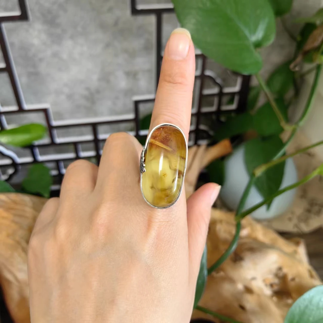 LYliuyng天然琥珀蜜蜡戒指高档品质独特色系手工银戒指复古风风格
