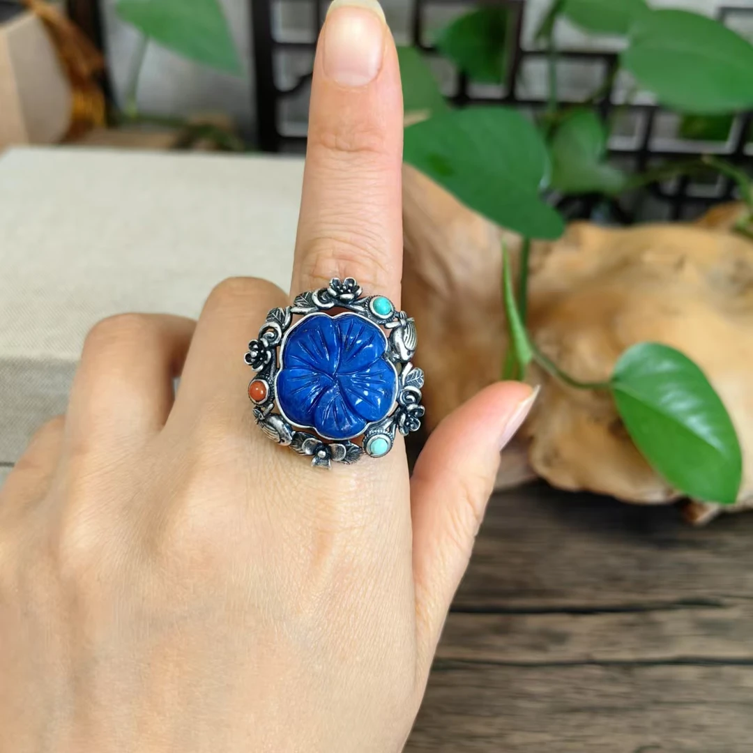 LYliuyng天然青金石银戒指手工雕刻品质独特手工银戒指复古风格