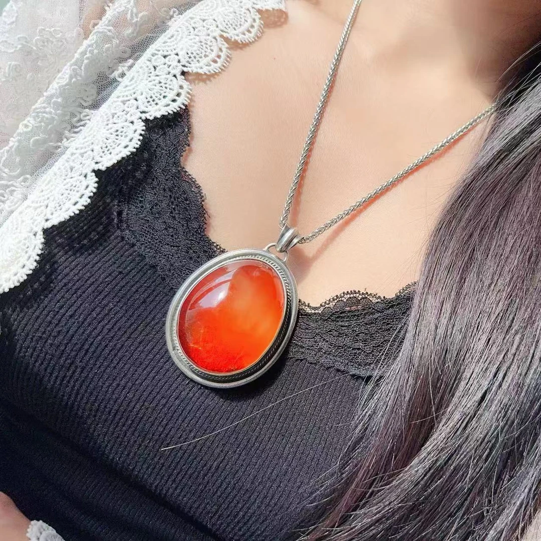 LYliuyng天然琥珀蜜蜡项链吊坠精工镶嵌夕阳红高品质蜜蜡毛衣链坠