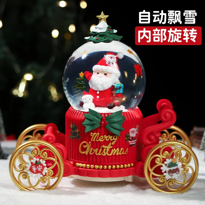 新款圣诞马车旋转水晶球音乐盒桌面摆件飘雪卧室儿童圣诞节礼物