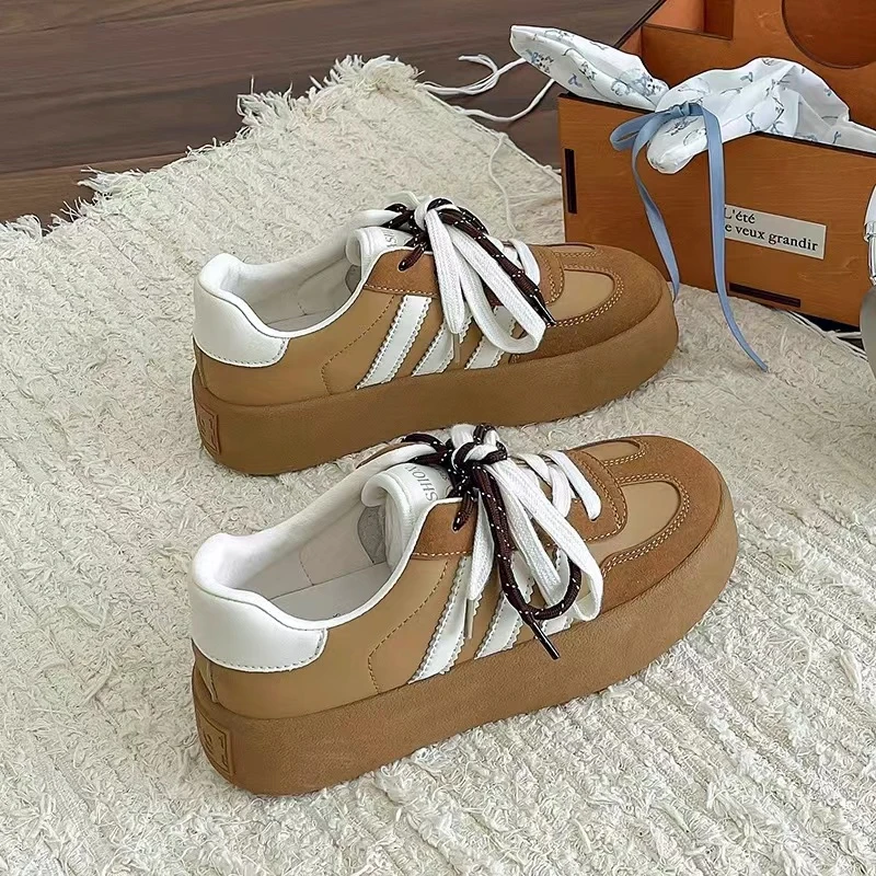 真皮厚底双鞋带德训鞋女鞋2024夏季新款T头拼色休闲阿甘板鞋66098