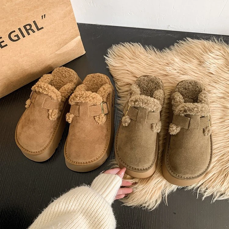 增高5.5cm真皮牛反绒厚底勃肯包头拖雪地半包拖鞋棉鞋女C-1
