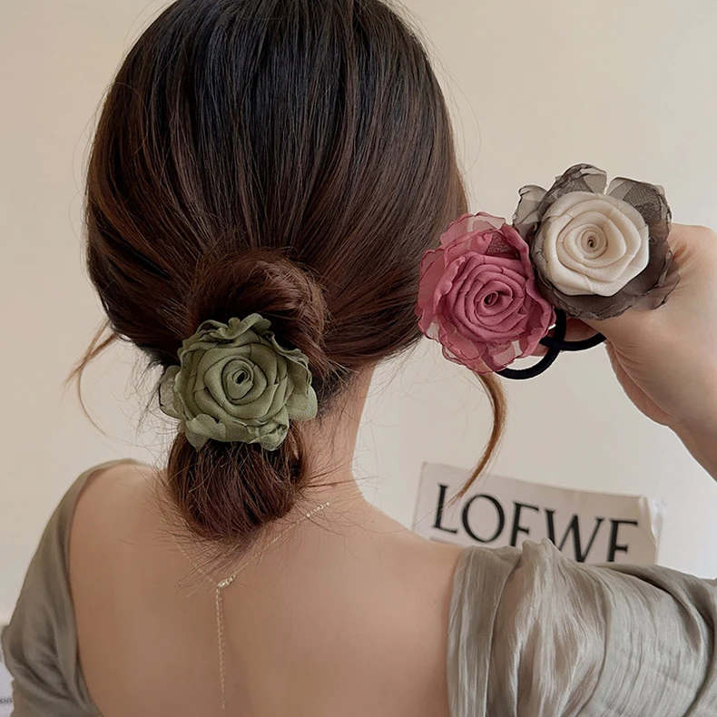 原创绿波新中式国风玫瑰花朵头绳皮筋女扎头发饰高级感头花头饰~