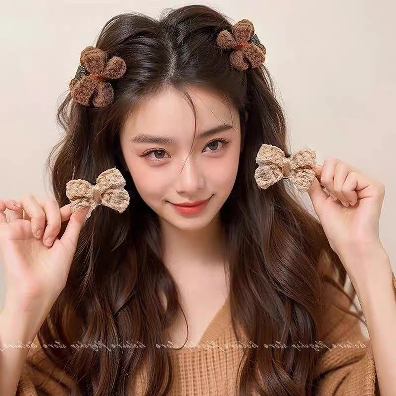 秋冬毛线蝴蝶结小抓夹新款公主侧边刘海夹前额碎发夹子可爱头饰