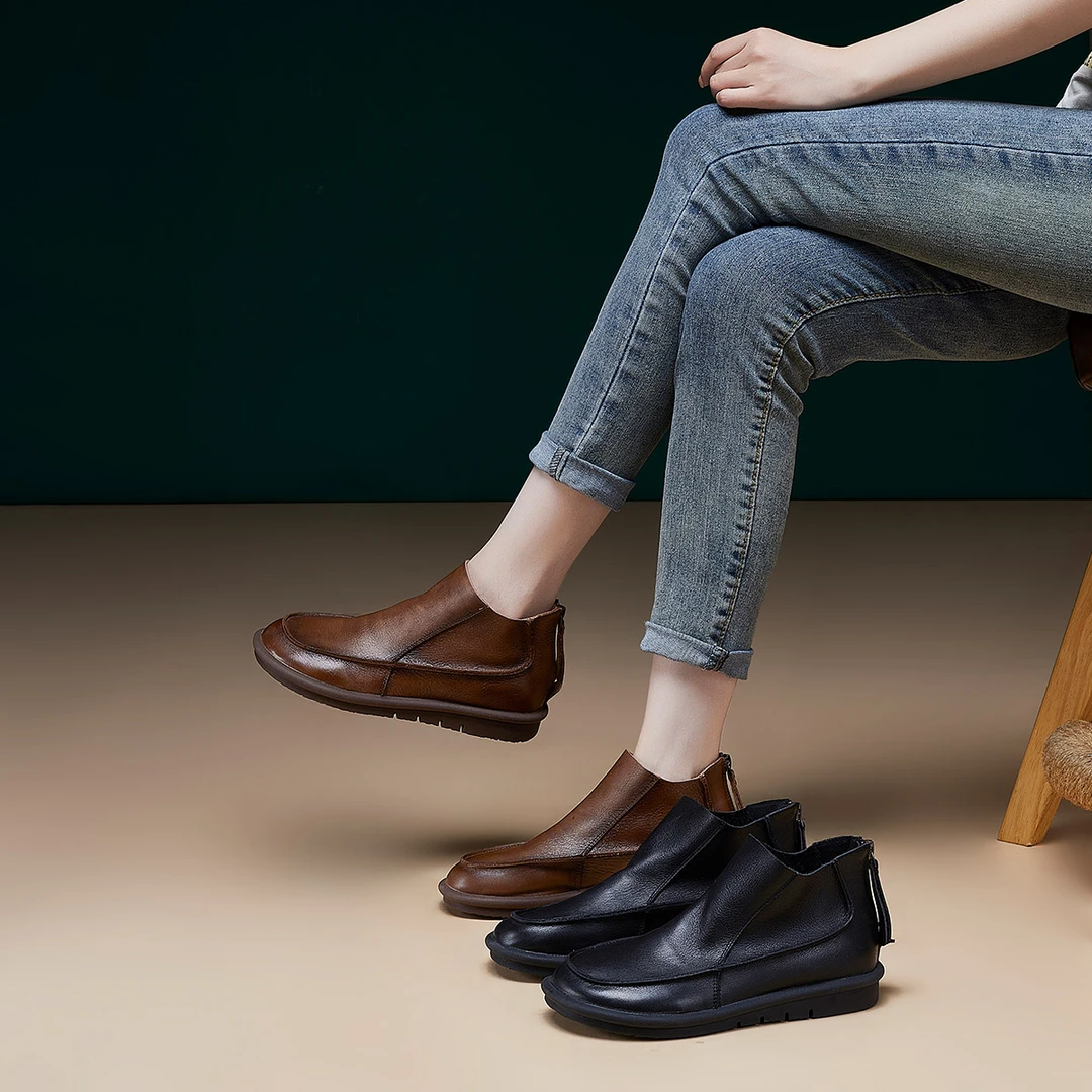 头层牛皮短靴2023秋冬软底软面中筒文艺后拉链平底时尚舒适女靴