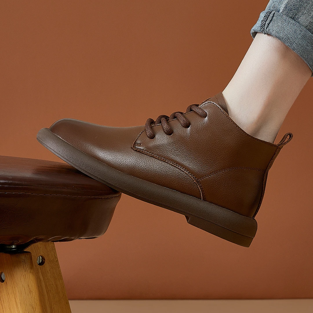 [男女]头层牛皮短靴女秋冬大码平底单靴休闲软皮软底皮鞋