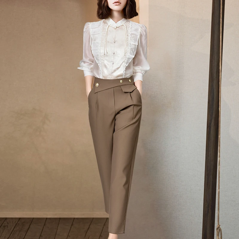 女士欧美显瘦时尚休闲裤春夏通勤设计感阔腿裤小脚修身气质长裤