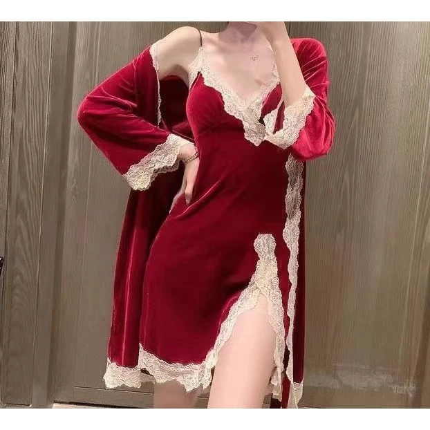 【老四推荐】秋冬季金丝绒睡衣女性感深V两件套蕾丝吊带裙87132